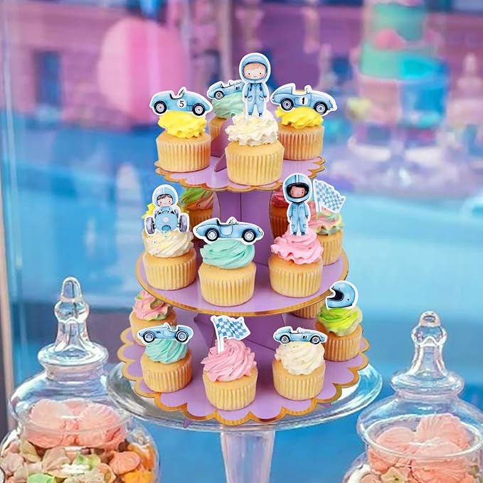 55Pcs Edible Cartoon Blue Race Car Cupcake Toppers Edible Racing Boy Driver Cupcake Picks for Racing Car Baby Boys Birthday Cupcake Decorations Boys Blue Birthday Party Decorations