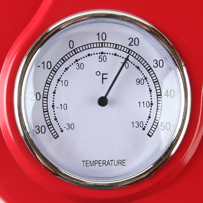 Lily's Home - 9 Inch x 12.5 Inch - Retro Kitchen Wall Clock, Vintage Wall Clock with a Thermometer and 60-Minute Timer, Ideal for Any Kitchen, Office, or Diner (Red)