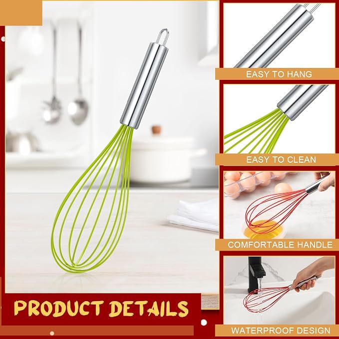 FoldTier 12 Pcs Christmas Whisks Gifts Set 10 Inch Silicone Balloon Whisks with Stainless Steel Handle for Holiday Baking, Xmas Kitchen Cooking Tools, Christmas Wisks Ornaments for Party Favors