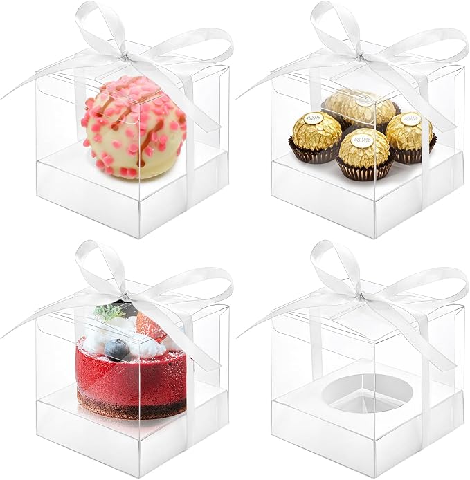 50 Pcs Clear Cupcake Box Individual, 3.5 Inch Plastic Single Cupcake Container, Cupcake Storage Holder Carrier with Ribbons Inserts, Ornament Candy Gift Box for Mother's Day Party Wedding Baby Shower