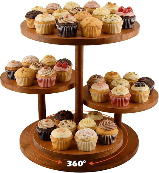 4 Tier Round Cupcake Tower Stand Wooden Cupcake Stands for 50 Cupcakes 360° Rotating Wood Dessert Display with Tiered Tray Wooden Cake Tier Stand(COLOR:wood)