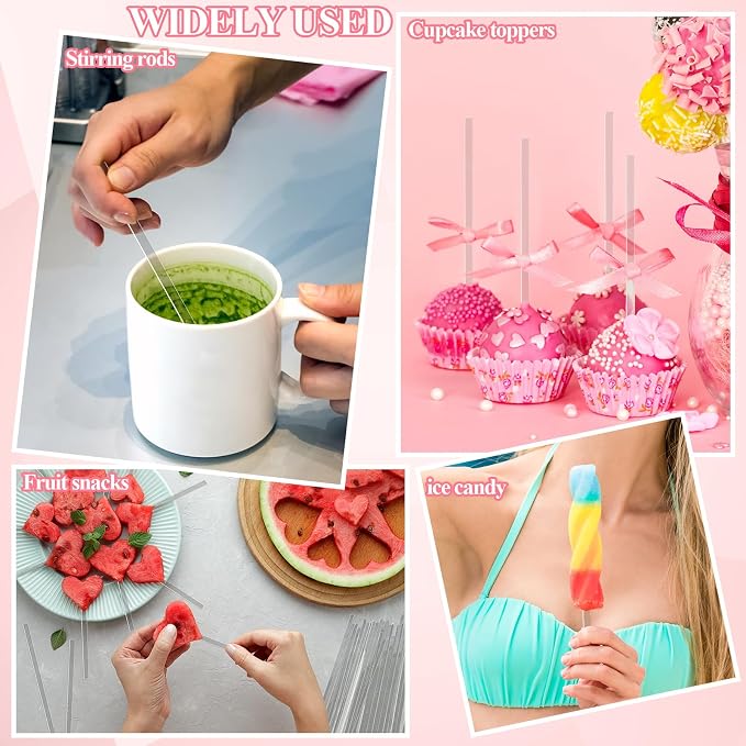 Beeveer 100 Pcs 7.87" Flat Clear Sticks for Cake Toppers Acrylic Candy Cake Pops Sticks Lollipop Reusable Candy Rods for DIY Cupcake Chocolate Cookie Dessert Decorations