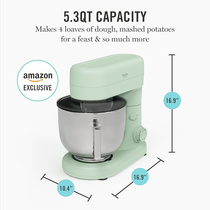 Martha Stewart 5.3Qt Stand Mixer, 12-Speed Tilt-Head Electric Kitchen Mixer with Stainless Steel Bowl, Dough Hook, Whisk & Beater, Splash Guard, Ideal for Baking Bread, Cake & Whipping, Honeydew Green