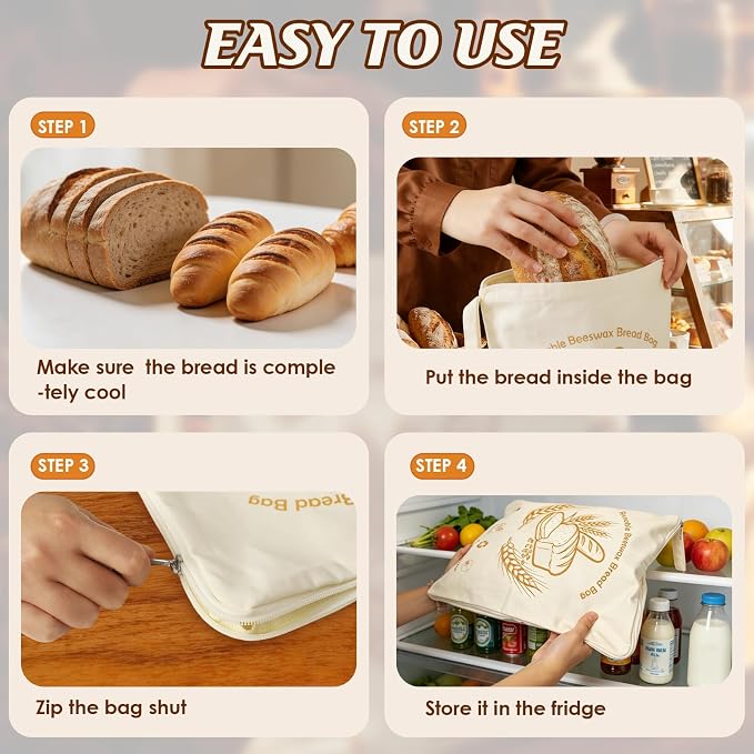 2 Pack Reusable Beeswax Bread Bags with Wide L-Shaped Zipper for Homemade Bread Sourdough - 17x13 Large Organic Cotton Linen Storage Bag - Moisture Lock Keeps Bread Fresh, Easy to Clean