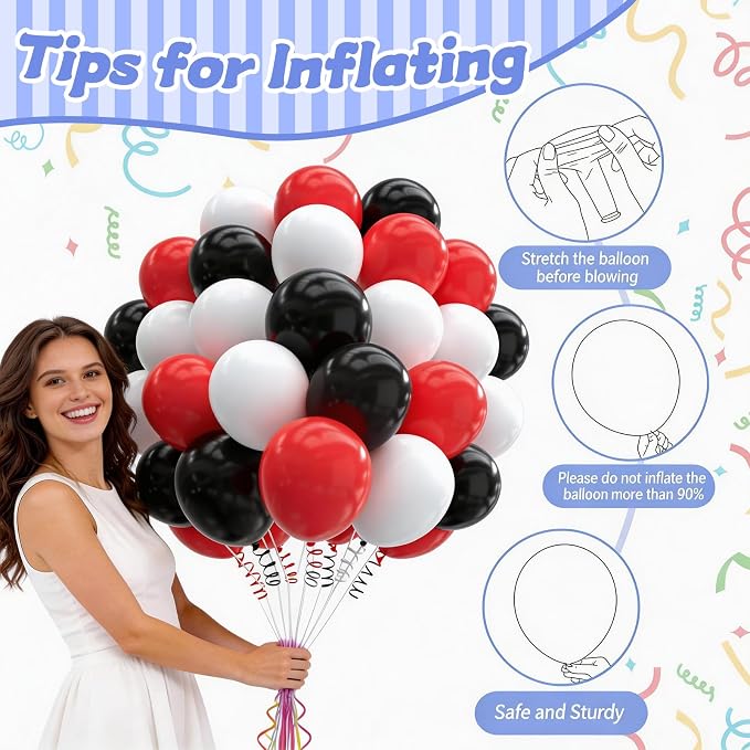160Pcs Red Black White 12 Inch Matte Latex Balloons Bulk for Birthday Graduation Racing Car Poker Card Party Decorations