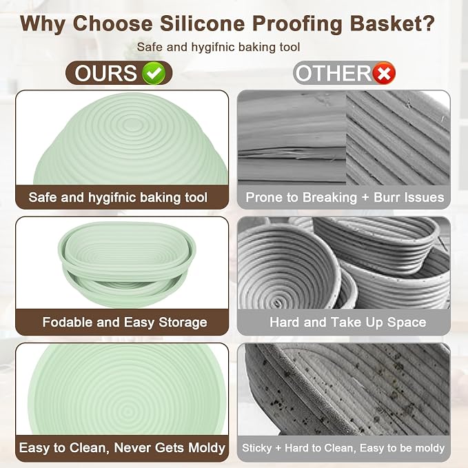 Upgraded & Thickened Silicone Banneton Bread Proofing Basket, JOCXSPI 10" Oval & 9" Round Sourdough Basket with Silicone Lid, Foldable, Non-Stick, BPA-Free, Easy-Clean