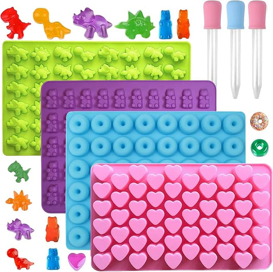 Mini Silicone Gummy Bear Molds (0.7 Inch Bite-Sized) - Non-Stick Chocolate & Candy Mold for Kids, Includes Dinosaur, Bear, Hearts & Donut Shapes (201 Cavities) - 4 Pieces + 3 Droppers By ENBRWAS