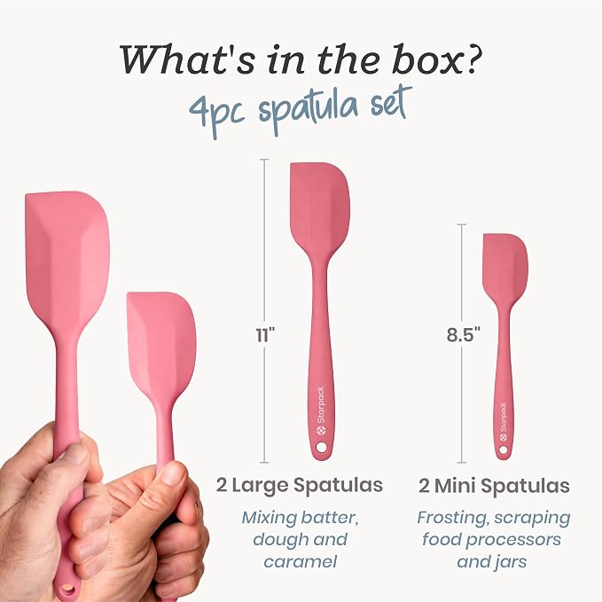 Starpack 'Scrape and Stir' Silicone Rubber Spatula Set (4-Piece) - LFGB Non Toxic, 600°F Heat Resistant, BPA-Free, One-Piece Kitchen Baking Spatulas - Dishwasher Safe for Nonstick Cookware Earthy Pink