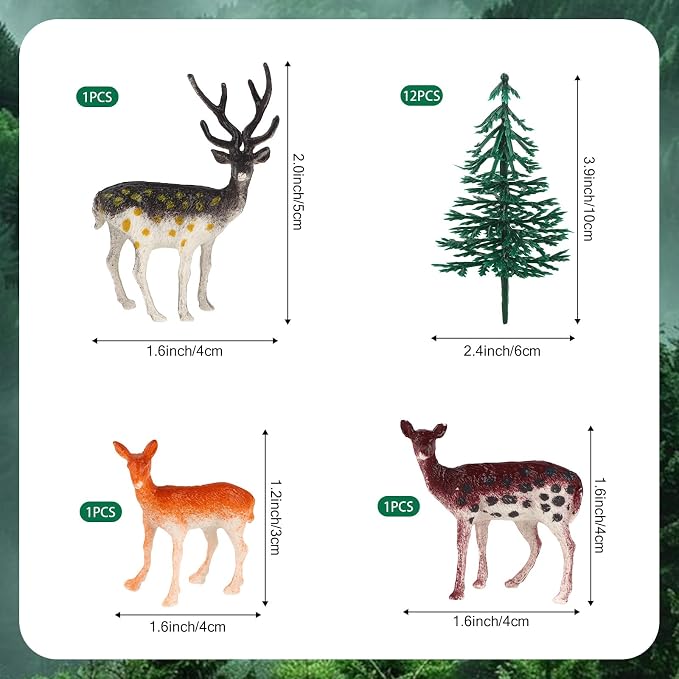 15PCS Deer Cake Topper Tree Cake Topper Christmas Cakes Decorations with Mini Tree Deer Figurine for Birthday Party Decorations Hunting Themed Decor Christmas Party Supply
