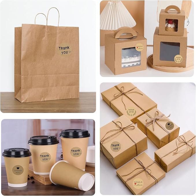 2000 Pcs Handmade with Love Stickers 1‘’ Thank You Stickers Kraft Paper Sticker Label for Homemade Goods, Envelopes, Party Deco, Bakery