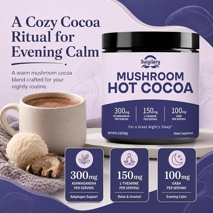 Suiyilary 10 Mushroom Hot Cocoa for Sleep, Sugar Free Keto Cocoa Powder, Nighttime Drink,100mg Magnesium Glycinate, 100mg GABA, 150mg L-Theanine, Help Fall Asleep and Stay Asleep, 15 Servings