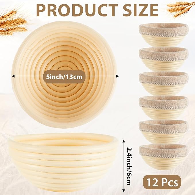5 Inch Banneton Bread Proofing Basket Set of 12 with Linen Liner Cloth Mini Banneton Basket Proofing Baskets for Traditional Sourdough Bread Bakery Bowls for Professional & Home Bakers