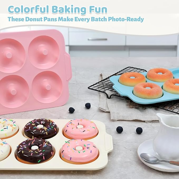 3.5 Inch Nonstick Silicone Donut Pan for Baking with Metal Frame, 1 Pack Donut Molds for Baking, 6 Cavity Doughnut Pan for Oven and Bagel Trays Non Toxic with Handle (Mint Green)