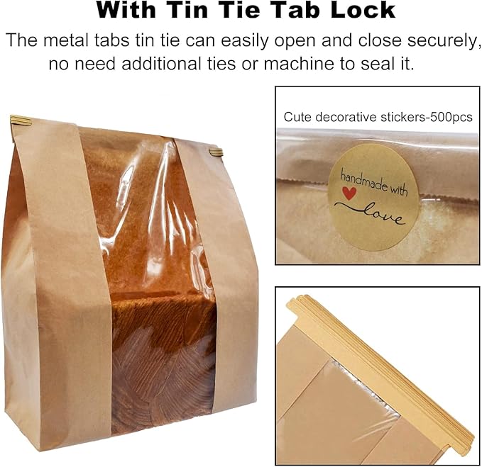 50 Pack Large Paper Bread Bags for Homemade Bread Sourdough Bags 14" x 8.3" x 3.5" with Tin Tie Tab Lock Clear Front Window Bakery Bag Packaging Cookie Bag with Label Seal Stickers