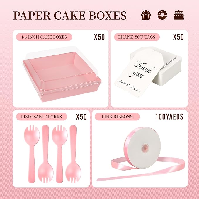 7 x 7 x 2.6 Inches Large Charcuterie Boxes with Clear Lids, 50 Pack Disposable Square Pink Bakery Boxes, To Go Paper Food Container for Cake Slices, Sandwiches, Cookies, Dessert