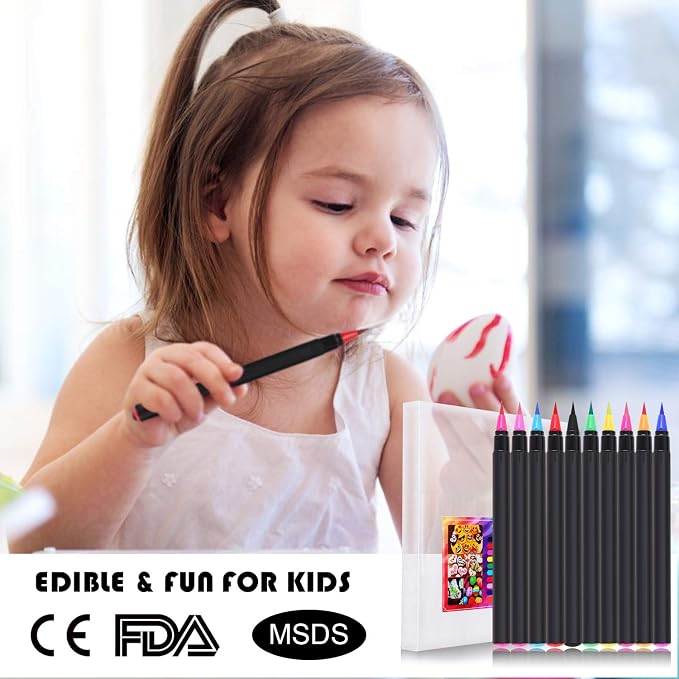 Food Coloring Marker Pens, 10Pcs Food Grade Edible Markers Food Writers for Decorating Fondant, Cakes, Cookies, Easter Eggs Painting Drawing Writing - Flexible Brush Tip, 10 Colors
