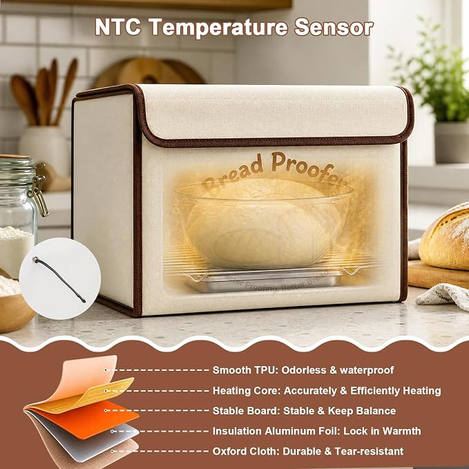 Folding Dough Proofer Box with Humidification Function, Sourdough Proofer Box Temp Control 48H Timer & Humidity Monitor, Water Tray & Steam Diffuse Plate 4 Preset Modes Dough Proofer for Sourdough
