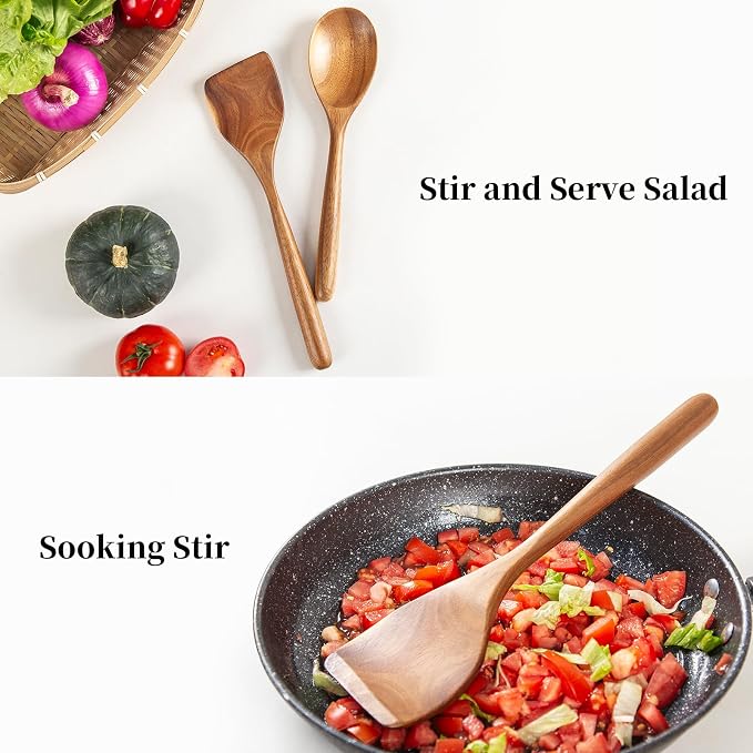 2PCS Acacia Wooden Spoons For Cooking 12-inch Smooth Finish Spatula Spoon And Cooking Spoons-Comfortable Grip Wood Spoons for Cooking - Non-Stick Wooden Cooking Utensils