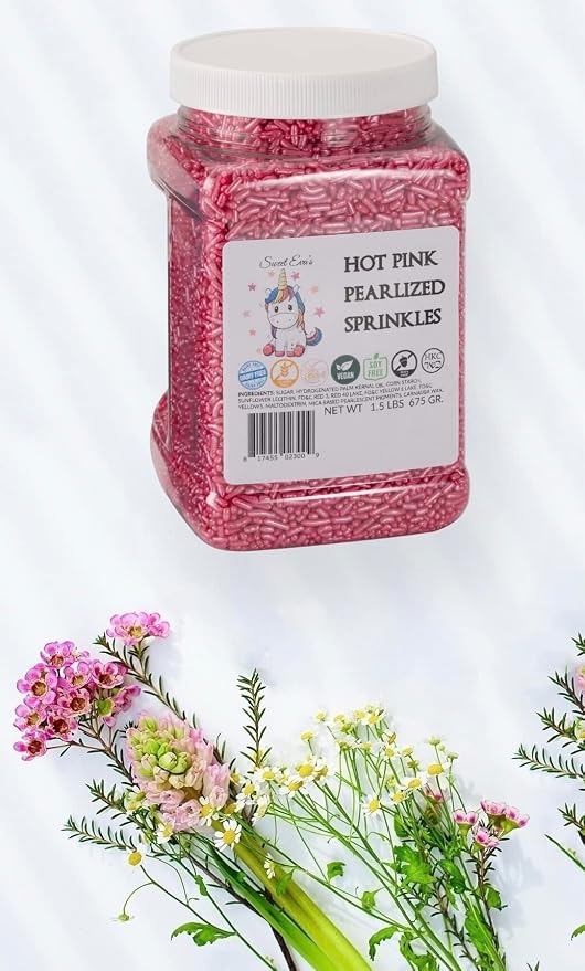 HOT PINK PEARLIZED SPRINKLES-CAKE DECORATING JIMMIES, CUPCAKES, COOKIES, AND CAKES TOPPER, BULK CANDY, LARGE 1.5 LBS. DAIRY FREE, GLUTEN FREE, EGG FREE, VEGAN, SOY FREE, NUTS FREE, KOSHER