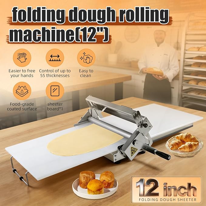 12in Manual Dough Sheeter, Stainless Steel Tabletop Dough Roller Machine, Adjustable Thickness Pastry Sheeter for Pizza, Croissant, Puff Pastry, Fondant and Home Baking