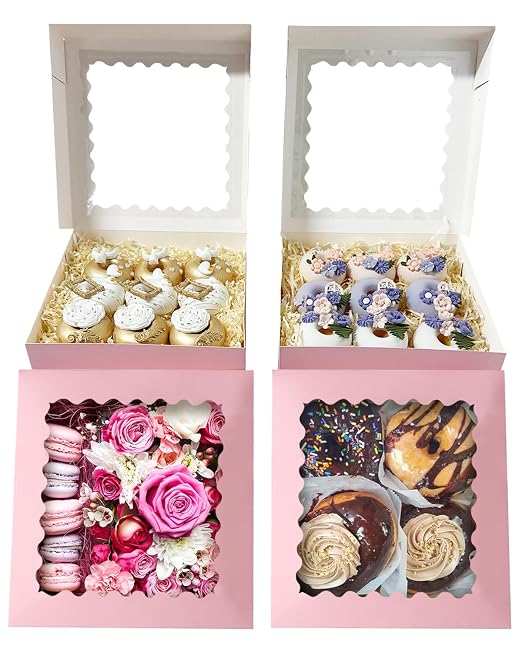 Bakepacker 55pcs Pink Pie Boxes 8x8x2.5 inches Easy Assemble Macaroon Cookie Boxes Bakery Boxes with Window for Bakery (Auto-pop Up)