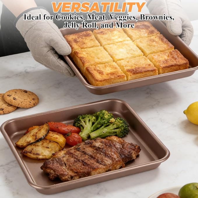 SHUESS 4 Pcs Baking Sheet, 11 X 9 Inch Non Stick Cookie Sheets for Baking, Heavy Duty Carbon Steel Small Cookie Sheets, Golden Jelly Roll Pan, Quarter Sheet Pan, Baking Trays for Oven, Air Fryer