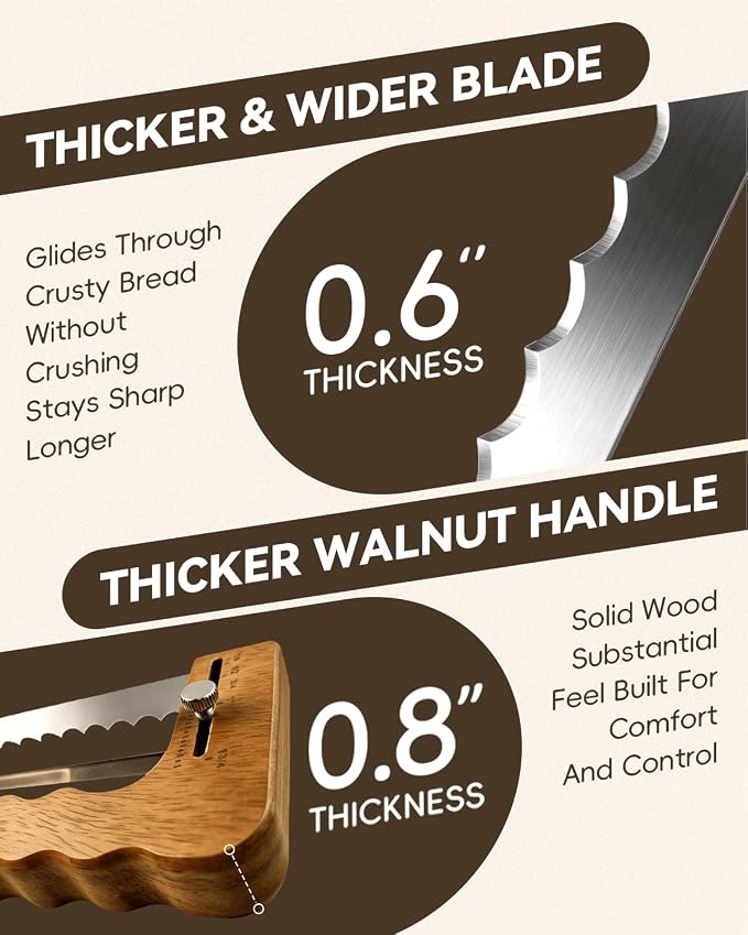Solid Walnut Wood Bread Bow Knife & Bread Lame Set | Adjustable Bread Slicer for Even Slices, Ultra Sharp Serrated Fiddler Knife for Artisan Sourdough, Homemade Loaves & Cakes, Ergonomic Design