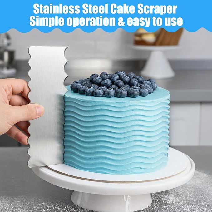 Xinjoduz 2 PCS Stainless Steel Metal Cake Scraper Smoother, 8.7" Double Sided Patterned Stripe Edge Icing Smoother Scraper Cake Decorating Supplies for Frosting Butter Mousse Cream Decoration