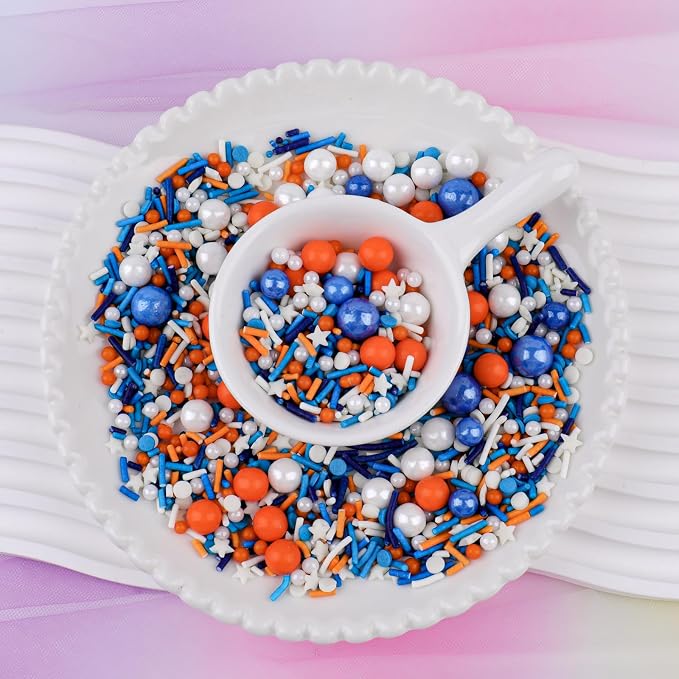 Orange and Blue Sprinkles for Cake Decorating, Edible Pearl and Jimmies Mix, Perfect for Cake Decorations, Baking, Ice Cream, Cookies, Cupcake Toppers