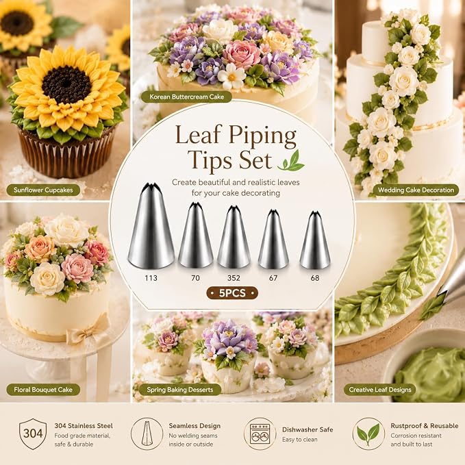 5 Pcs Leaf Piping Tips Set, Stainless Steel Cake Decorating Tips for Buttercream, Frosting Icing Nozzles for Cupcakes, Cookies, Cakes – Includes 67, 68, 70, 352, 113 – Dishwasher Safe
