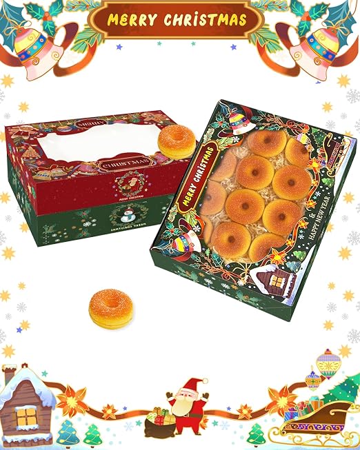 qiqee Christmas 14x10x2.5 inch Auto-pop Up 12Pcs Cookie Box with Window Retro Christmas Pastry Macaron Bakery Box for Christmas
