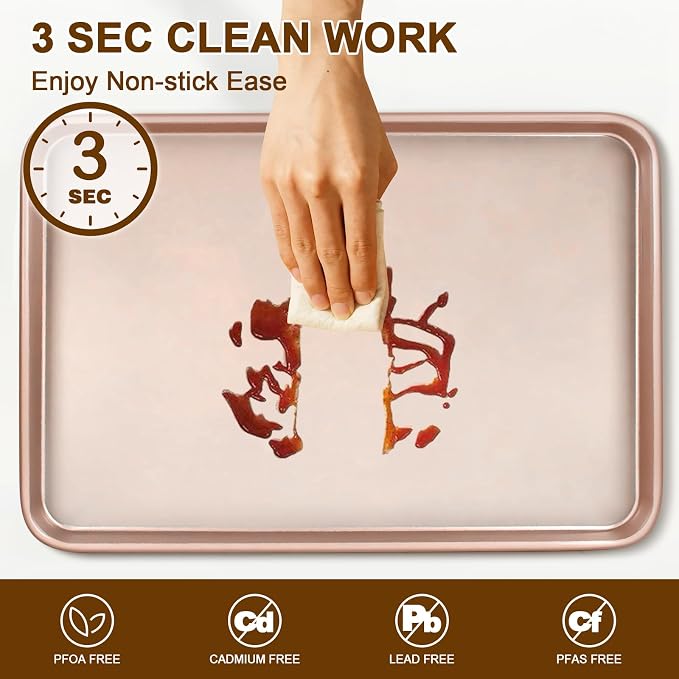 Wildone 2 Pack Half Sheet Baking Pans, Nonstick Baking Sheet for Oven, Thicker Carbon Steel Cookie Sheet 17.5x12 Inch, Heavy Duty & Easy Clean, Rose Gold