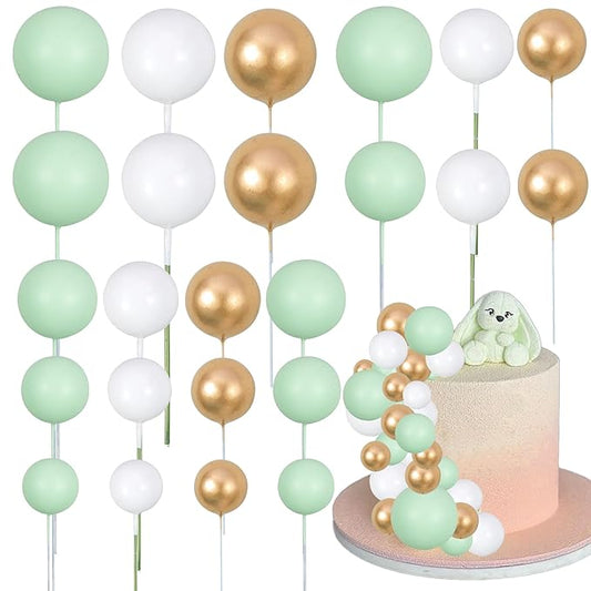Gyufise 30Pcs Balls Cake Topper Mini Balloons Cupcake Topper DIY Cake Insert Topper Foam Cake Balls Baking Decoration for Wedding Anniversary Valentines Day Birthday Party Green Gold White