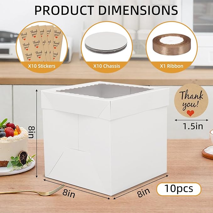 10 Pack Cake Boxes,Tall Cake Box with Window, White Bakery Boxes, 8x8x8 Inch Large Baking Boxes with Sticker, Cardboard Cake Box for Multi-Layer Cakes, Cake Decorating Supplies for Gift Giving