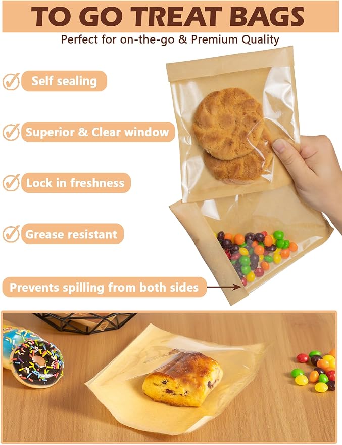 100 Pack Self Sealing Cookie Bags with Seal, 5.9x6.5 Inch Paper Bakery Bags with Window, Grease Resistant To Go Sleeves for Packaging Donut, Snack, Scone, Brownie, Small Pastries and other Treats