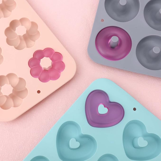 3pcs Silicone Donut Molds for Baking, Flower Round Heart Silicone Donut Maker Pan Set Easy to Demold 6 Cavities Doughnut Mould Baking Trays Supplies for Donuts Bagels Muffins Cakes Biscuit