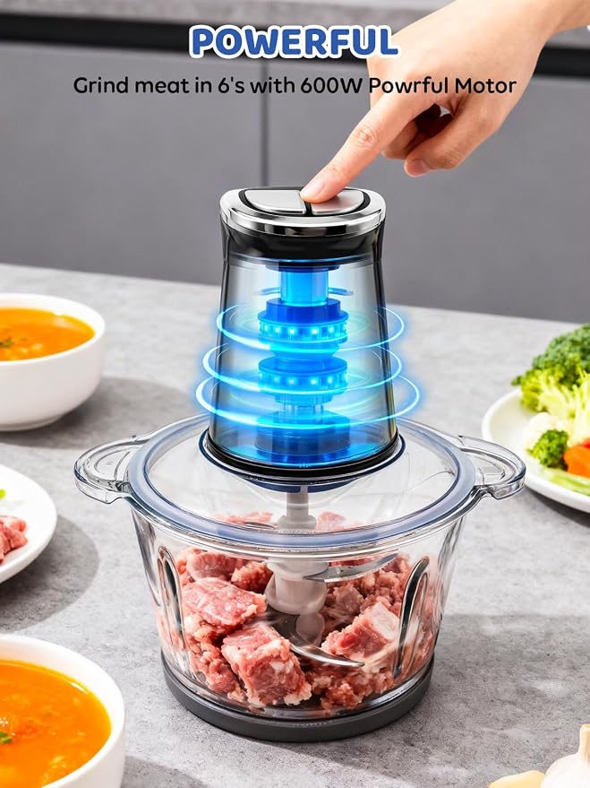 IRIITCH Food Processor with LED Timer, 800W Electric Chopper with 2 Bowls (12-cups Glass Bowl+12 cups Stainless Steel Bowl), 2 Set 6 Bi-Level S-Blades, Meat Grinder for Nuts, Onion, Garlic, Baby Food