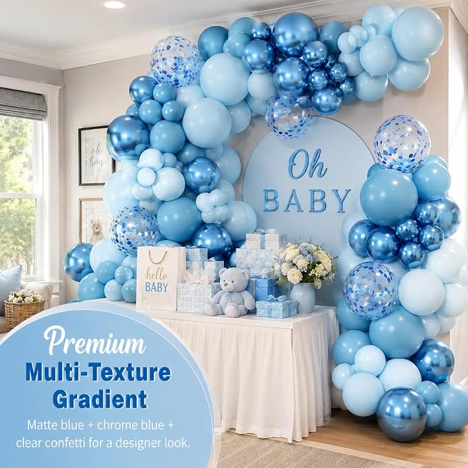 141 Pcs Blue Balloon Garland Arch Kit - Macaron & Metallic Chrome Blue Balloon Set with Confetti Balloons for Baby Shower, 1st Birthday, Wedding, Gender Reveal Party Decorations