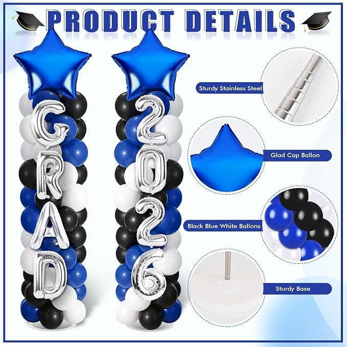 2 Sets Graduation Balloon Column Stand Kits with Balloons 2026 Grad Themed Decoration Navy Blue Balloon Tower Stand Kit for Grad High School & College Celebration Party Decor