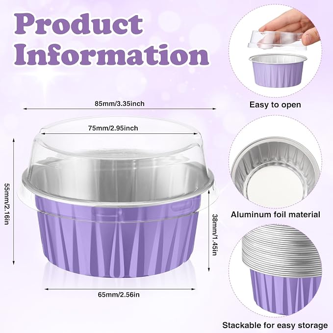 200 Pack Aluminum Foil Cupcake Liners with Lids, 5 oz Round Baking Cup, Disposable Ramekin Container for Graduation Wedding Independence Day Party(Taro Purple,Plain)