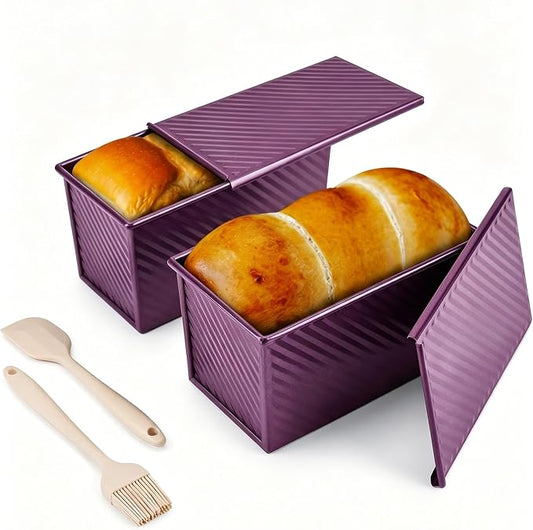 CARTMAN Bread Loaf Pan 2 Pack, 8x4 Pullman Loaf Pan with lid and a Silicone Spatula and Basting Pastry Brush, 1 lb Dough Capacity,Non-Stick Carbon Steel bread pans for homemade bread Plum Purple