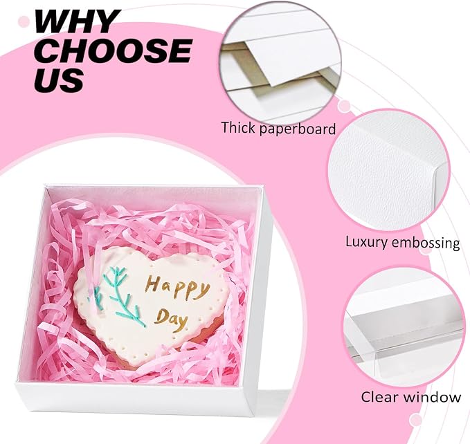 50PCS 4x4x1.25Inches Baking Boxes with Clear display lid for Cookies,Macaron,Cakesicle,Dount,Pastry,Chocolate Covered Ores or More