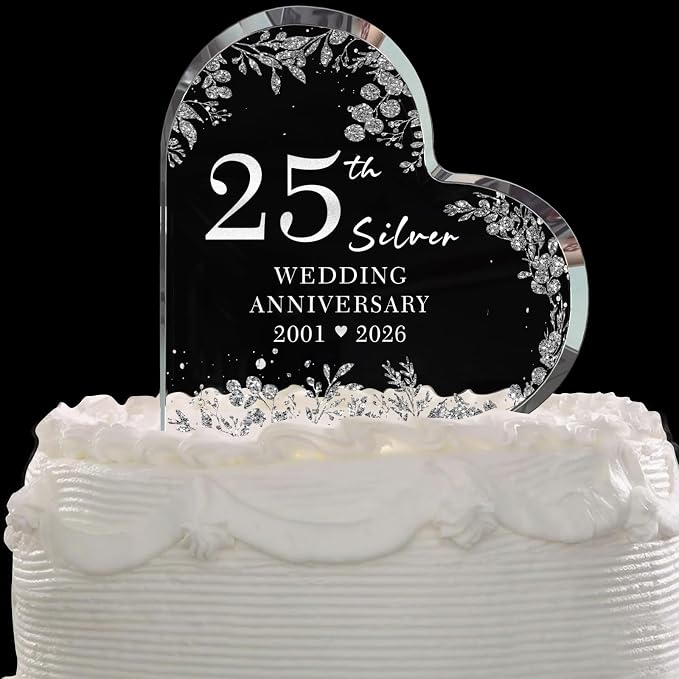 25th Anniversary Cake Topper Acrylic,25 th Anniversary Decorations & Keepsake Gift for Couples（25th Anniversary-Silver Wreath）