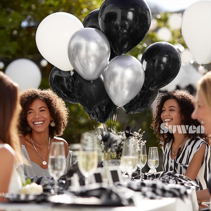 SUWEN Black and Silver Balloons,60pcs 12 inch Black White Silver Metallic Chrome Balloons for New Year Birthday Wedding Anniversary Party Decoration