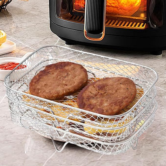 3 layer Square Air Fryer Rack, Stainless Steel Dehydrator, Air Stainless Steel Dehydrator Grill Enhanced Airflow Design Air Fryer Rack for Chicken Wings Vegetables Dual Cakes (Rectangle Set)