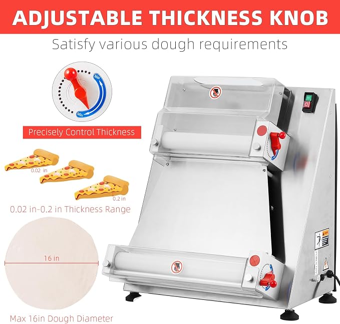 Commercial Pizza Dough Roller Sheeter, Max 16", Towallmark Automatic 370W Electric Pizza Dough Roller, Stainless Steel, Suitable for Noodle, Pizza Bread and Pasta Maker Equipment