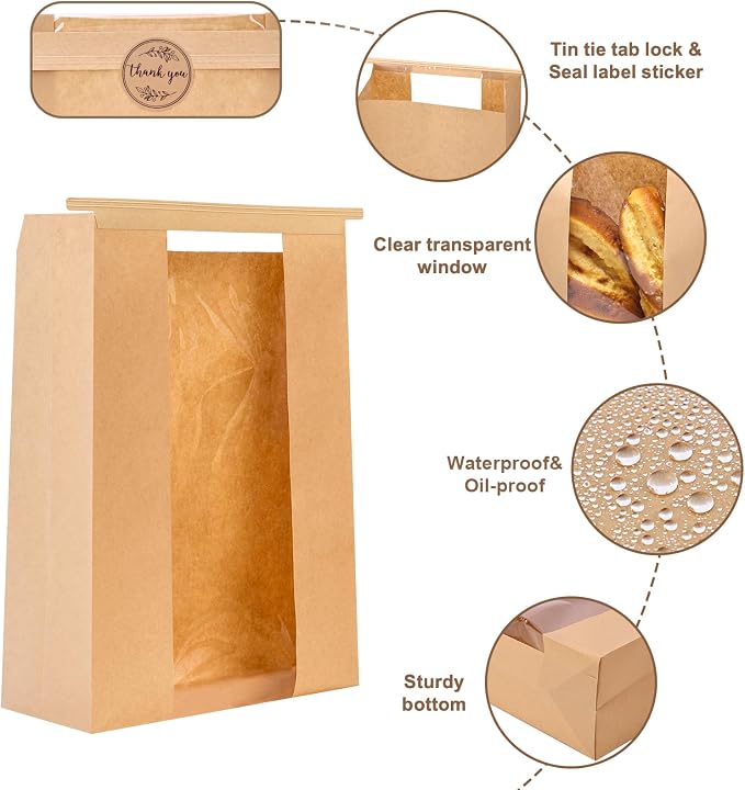 Moretoes 240 Pack Large Sourdough Bread Bags for Homemade Bread, 13.7x8.3x3.5 Inches, Paper Bread Bags with Tin Tie Tab and Clear Front Window, Includes 288 Label Seal Stickers (Brown)