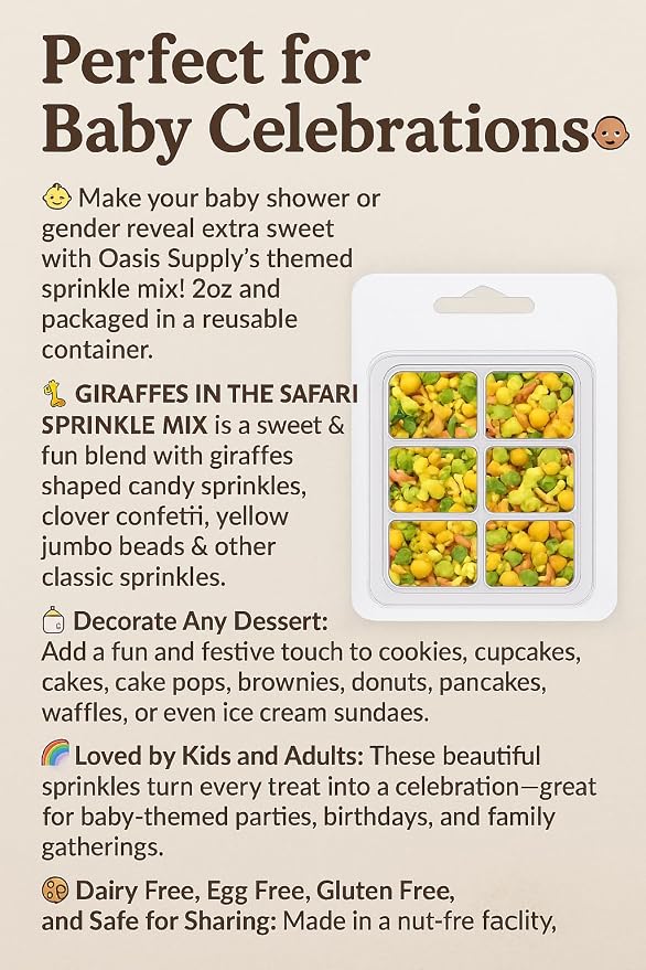 Oasis Supply Baby Shower Sprinkles & Sugar Shapes – Edible Decorations for Cakes, Cupcakes, and Cookies – Gender Reveal, Boy, Girl, and Neutral Party Baking Decorations - Giraffes/Safari Sprinkle Mix