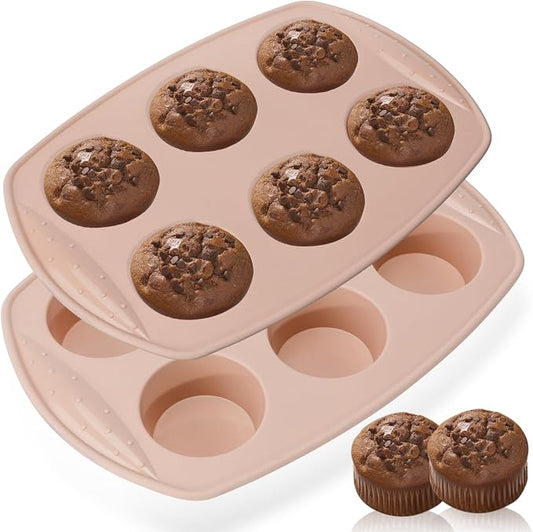 6-Cavity Silicone Muffin Pan, Circular Shape Non-Stick Baking Mold for Cupcakes, Egg Tarts, Fruit Pies, Brownies, Oven & Dishwasher Safe (-104°F to +446°F), BPA-Free Flexible Bakeware - Nordic pink