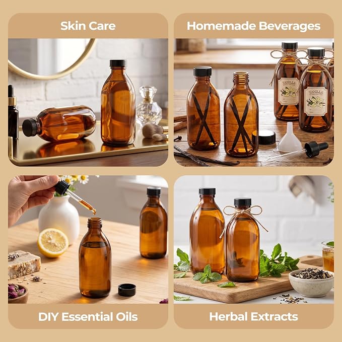 8 Pack 8oz Vanilla Extract Bottles, Amber Glass Bottles with Caps and Labels Small Boston Round Bottles for Homemade Gifts, Essential Oils, Potions, Tinctures & Liquids - Airtight & Leakproof